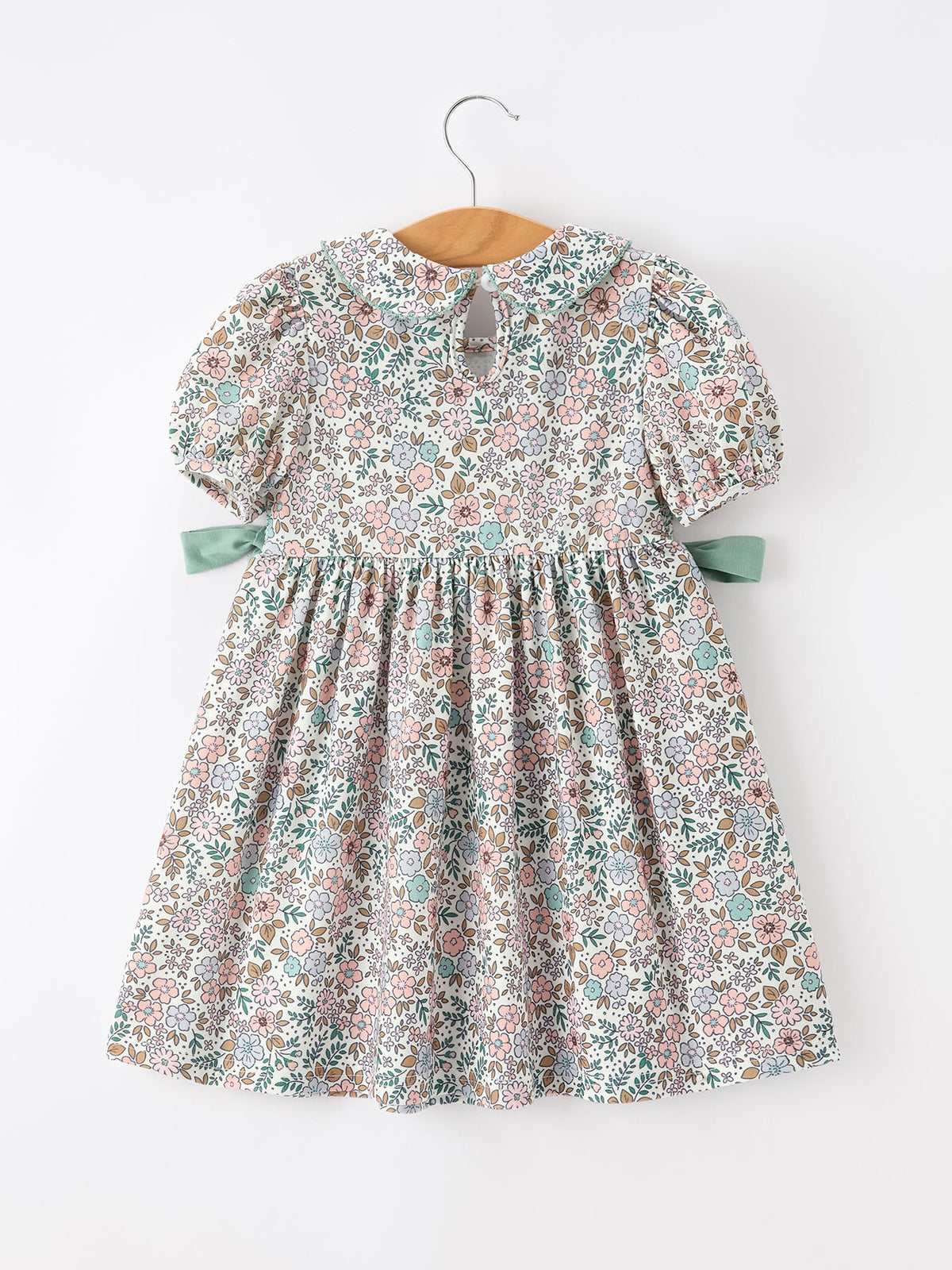 Sage Green Bow Floral Smocked Girl Dress