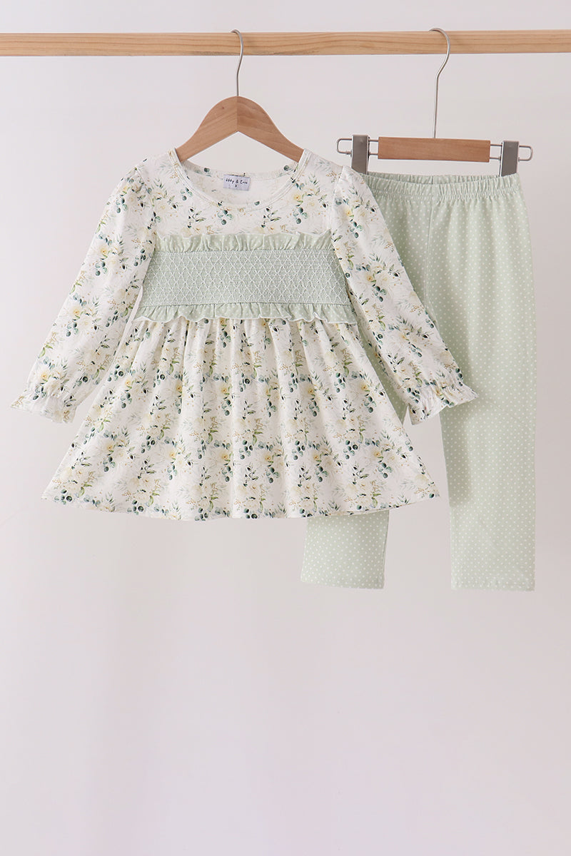 Sage floral smocked ruffle pants set